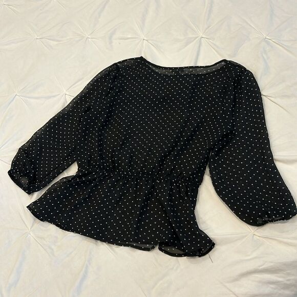 Lily Rose Women's Black & White Polka Dot Crew Neck Long Sleeves Peplum Blouse M - Picture 8 of 9